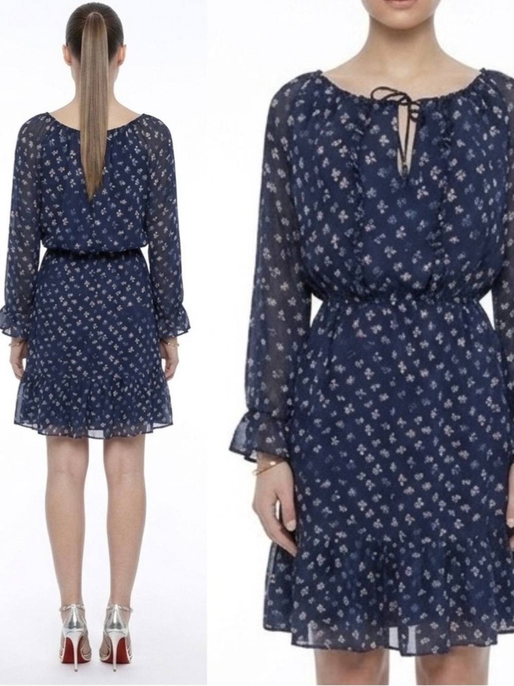 DVF Silk Chiffon Dress Print Floral Simonia Ruffle Elastic Waist  Size 2 Navy